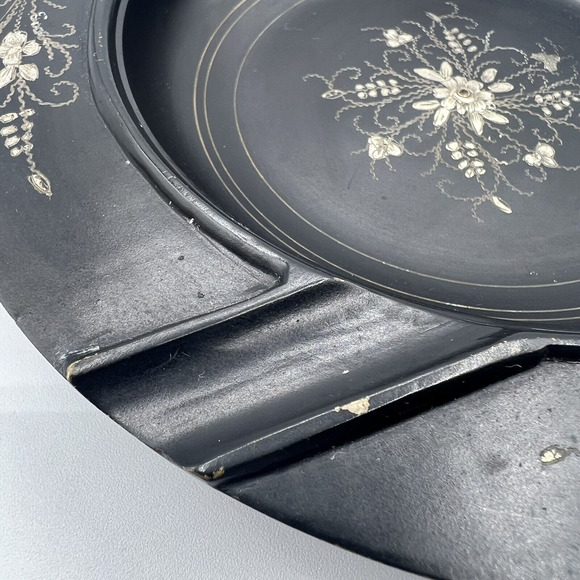 Vintage Matte Black Metal Ashtray With Gold Toned Etched Floral Designs, Boho - Picture 10 of 10